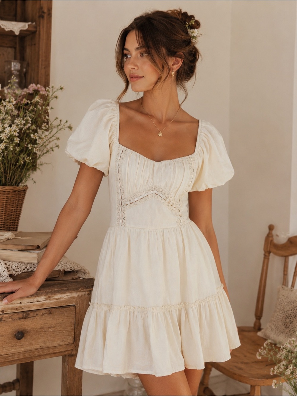 Milkmaid Cottagecore Puff Sleeve Babydoll Mini Dress Ivory Coquette Fairy M NWT